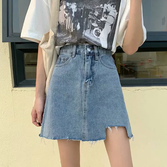 Frayed Hem Denim Midi Skirt - Versatile A-Line Design