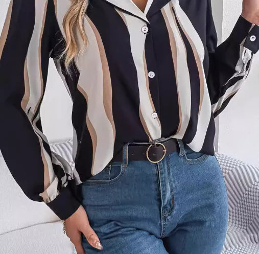 Printed V-Neck Long Sleeve Blouse (One Piece)