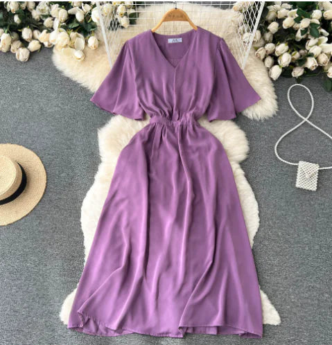 2022 Summer Vintage V-Neck Waist Tie Maxi Dress