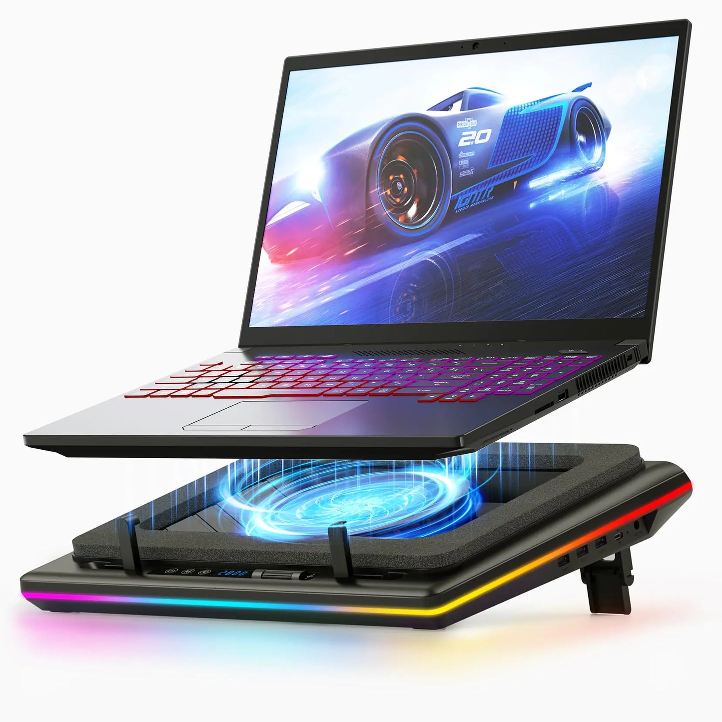 llano RGB Laptop Cooling Pad Gaming Laptop Cooler with Powerful Turbofan Fast Cooling Laptop 15.6-21in Adjustable Speed Touch Control LCD Screen