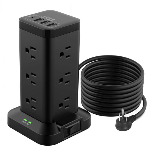 BEVA Power Strip Tower with USB Ports 6.5 FT Surge Protector Power Tower 12 AC and 4 USB Ports 6.5 FT Extension Cord with Multiple Outlets Office Supplies Office Organization (Black 6.5 FT)