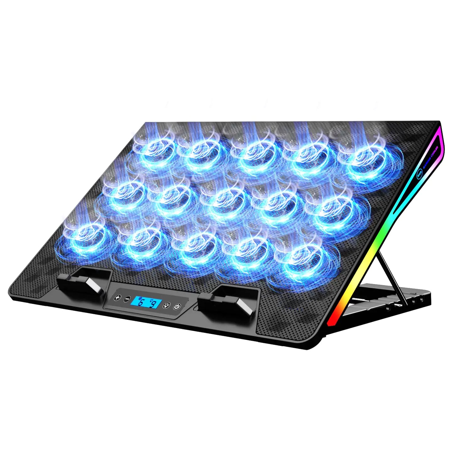 KeiBn Laptop Cooling Pad Gaming Laptop Fan Cooling Pad with 15 Quiet Fans RGB Laptop Cooler for 10-17.3 Inch 4 Height Stands 2 USB Ports - Blue