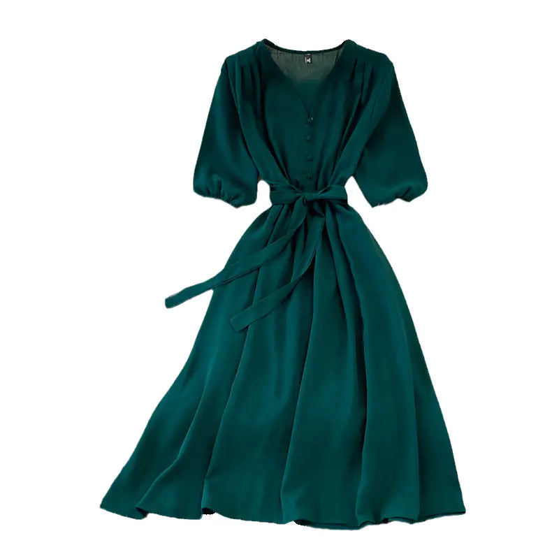 2022 Summer Vintage V-Neck Waist Tie Maxi Dress