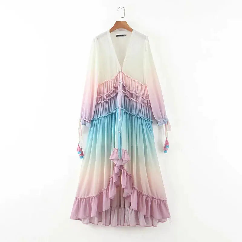 Bohemian Long Maxi Dress with V-Neck and Gradient Color