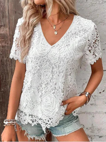 V-Neck Short Sleeve Lace Blouse (One Piece)