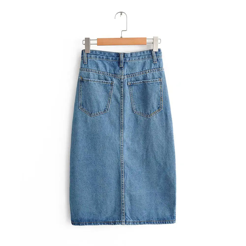 Split Hem Denim Skirt, Bodycon Denim Midi Skirt