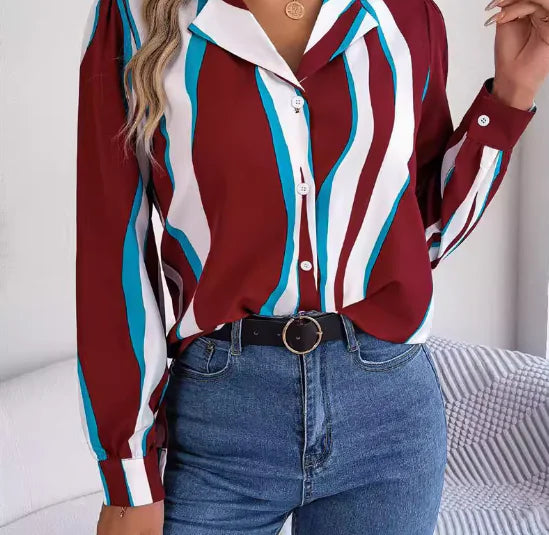 Printed V-Neck Long Sleeve Blouse (One Piece)