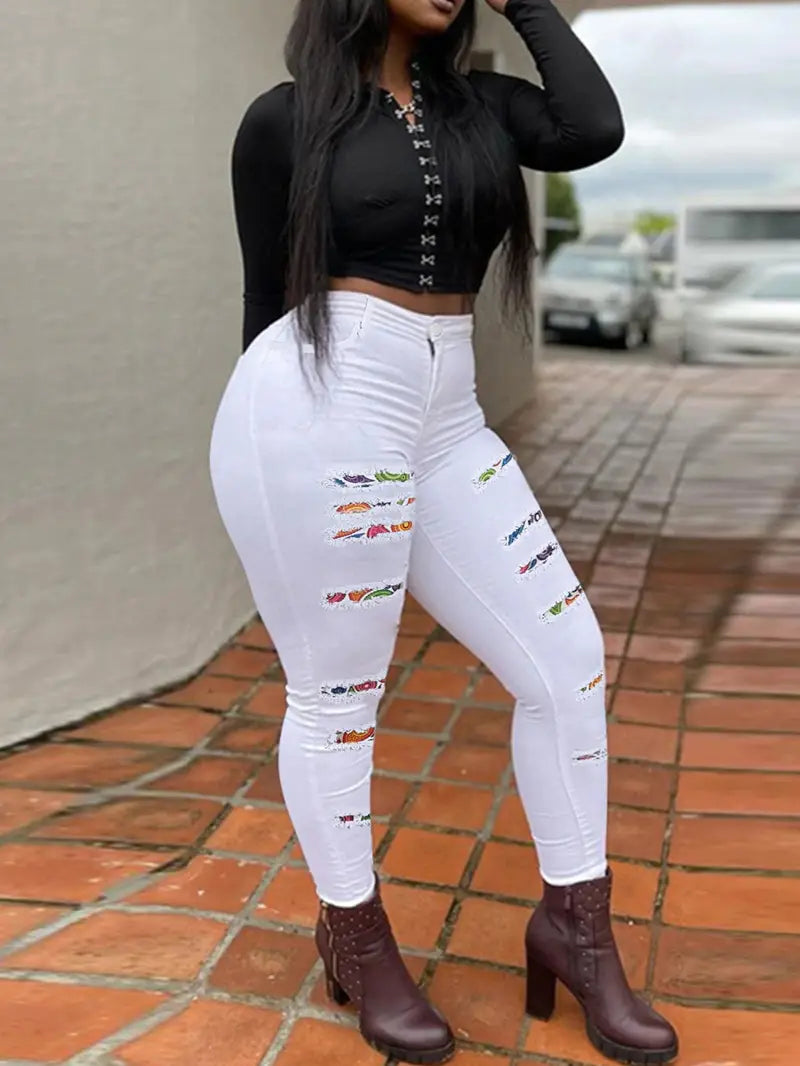 High-Rise Colorful Patchwork Distressed Skinny Jeans