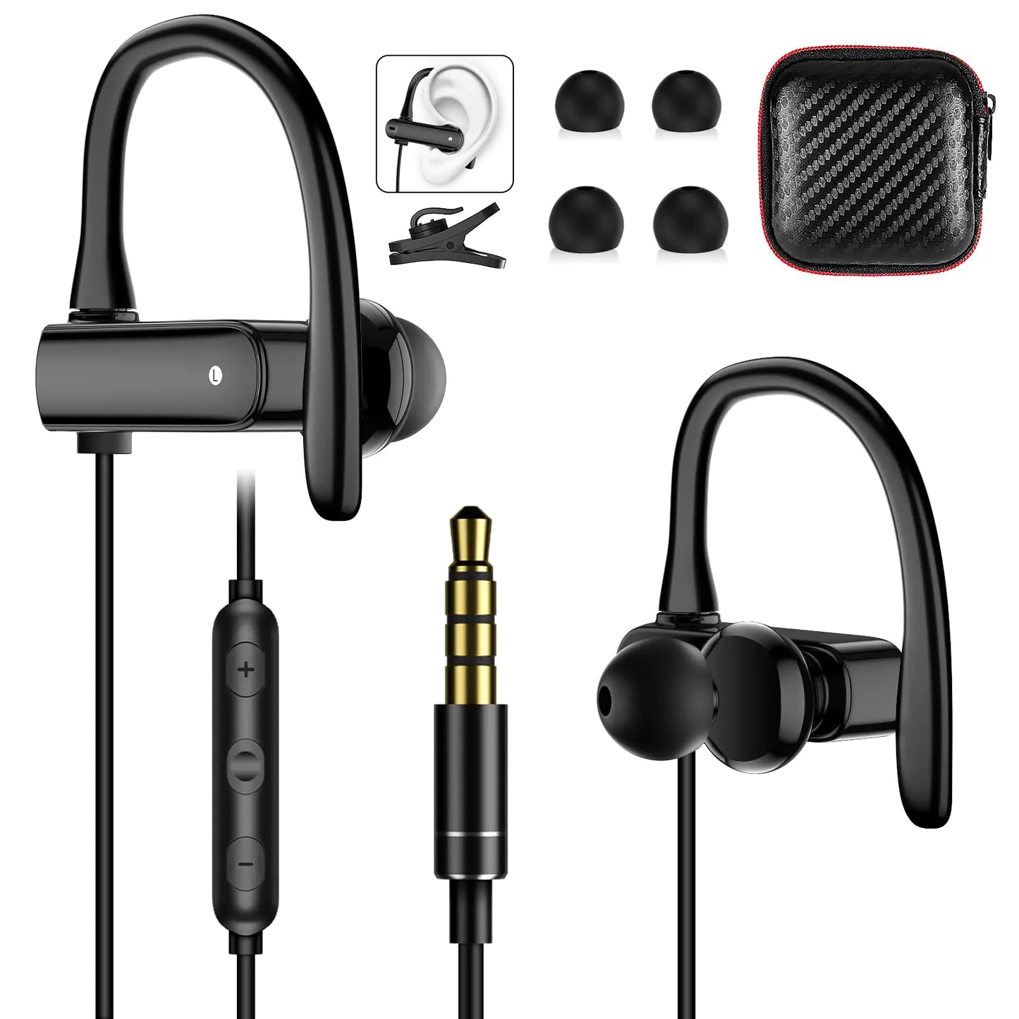 3.5mm Wired Headphones Over Ear Buds for School Earhook Wrap Around Corded Plug in Earphones Sport Running Workout Gym Earbuds Microphone for iPhone 6 6s Samsung Galaxy A14 MP3 MP4 PC Laptop Computer
