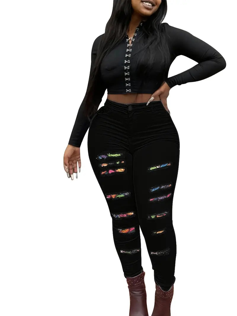 High-Rise Colorful Patchwork Distressed Skinny Jeans
