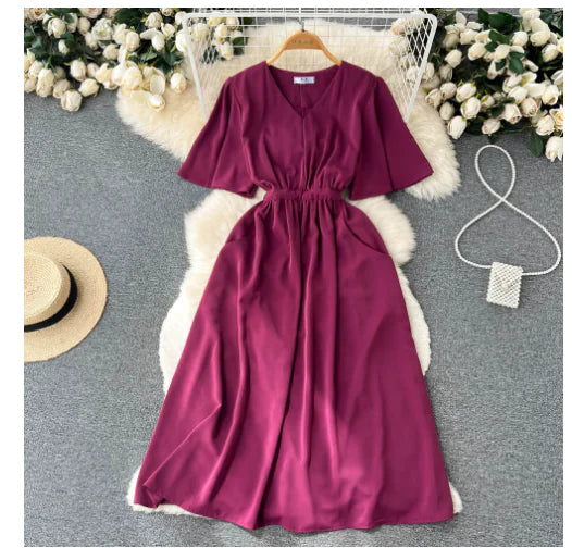 2022 Summer Vintage V-Neck Waist Tie Maxi Dress