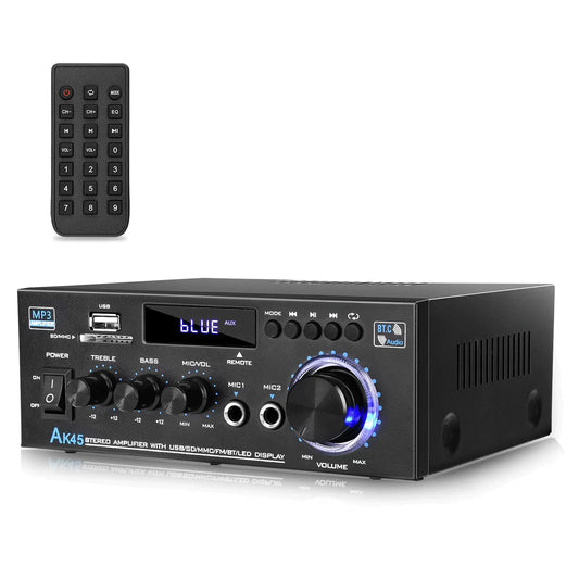Daakro AK45 Amplifier Stereo Receiver Bluetooth 5.0 Power Amp 2 Channel 300W Home Audio Amplifier w/USB/SD Card/BT/Mic Input for Home/Garage/Ceiling/Passive Speaker Theater System