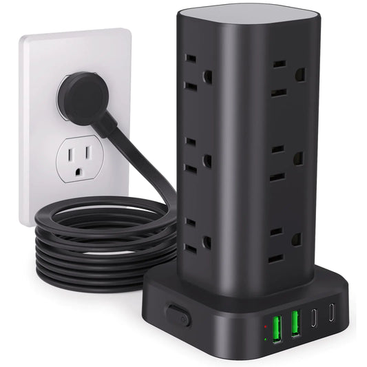 Power Strip Tower with Multiple Outlets Flat Plug Surge Protector Tower Extension Cord with 12 AC Outlets 4 USB Ports (2 USB C) 10FT Cord Power Tower Surge Protector for Home Office Dorm Room Black