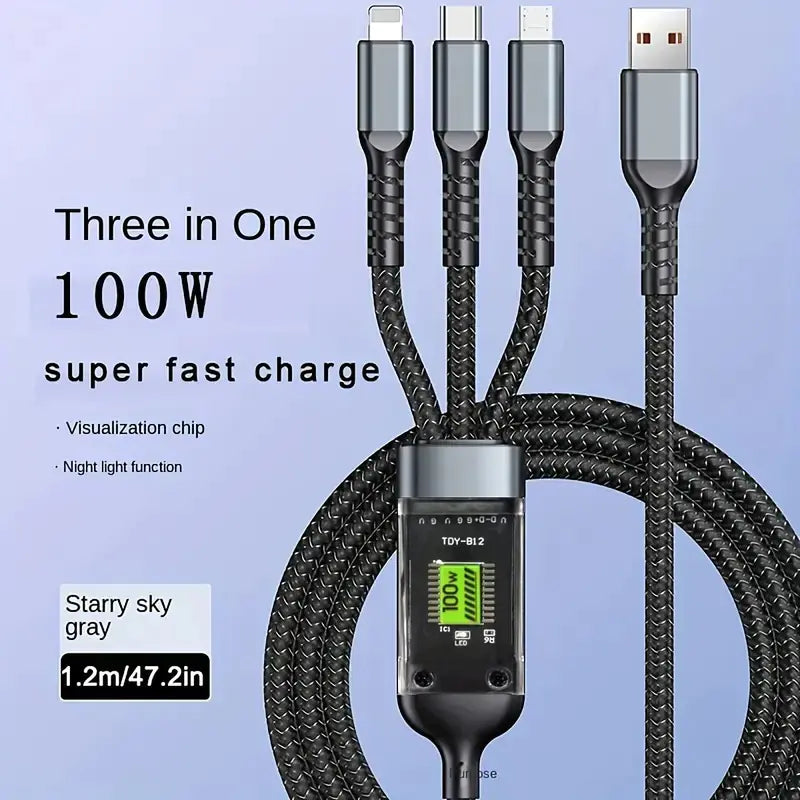 3-in-1 Fast Charging Cable for iPhone, Micro USB, Type C