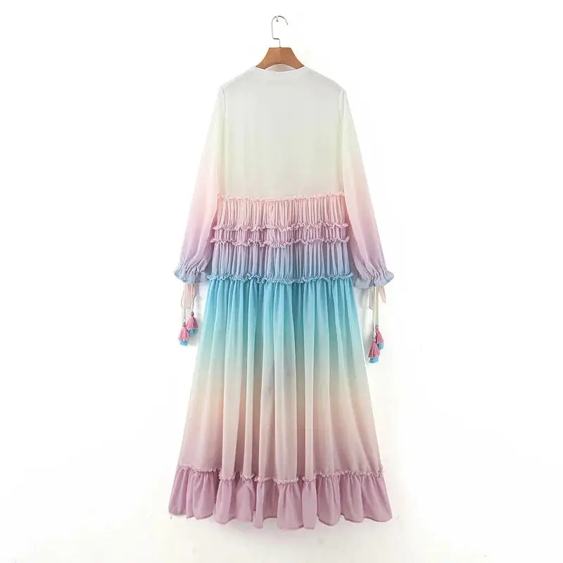 Bohemian Long Maxi Dress with V-Neck and Gradient Color