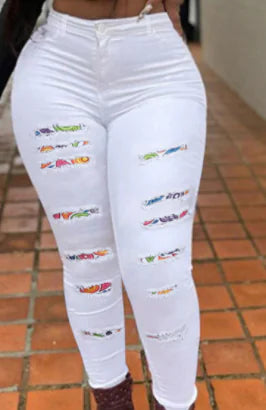 High-Rise Colorful Patchwork Distressed Skinny Jeans
