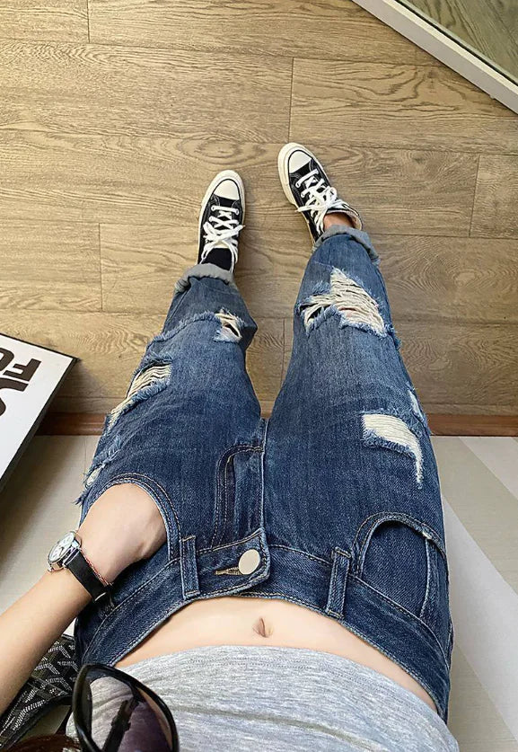 High Rise Distressed Blue Cropped Boyfriend Jeans