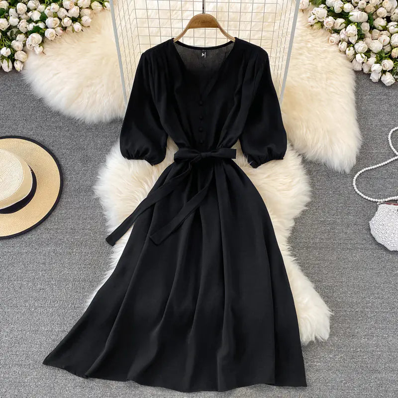 2022 Summer Vintage V-Neck Waist Tie Maxi Dress