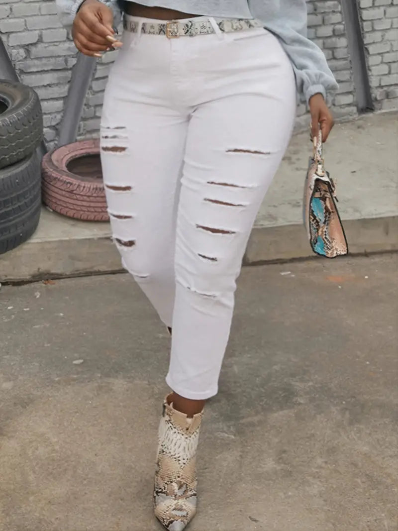 High Rise Ripped Cut Out White Cropped Skinny Jeans
