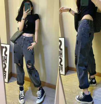 High Rise Distressed Blue Cropped Boyfriend Jeans