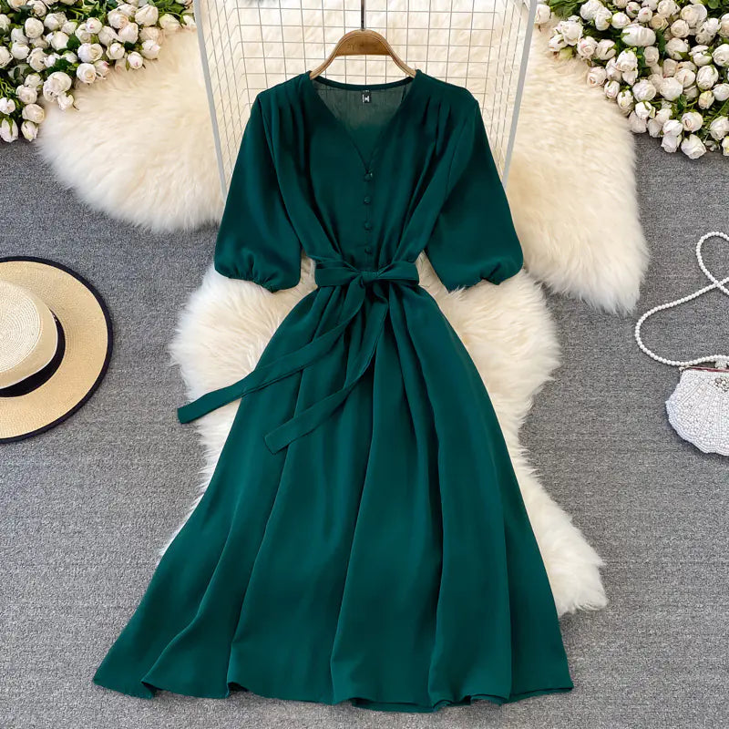 2022 Summer Vintage V-Neck Waist Tie Maxi Dress
