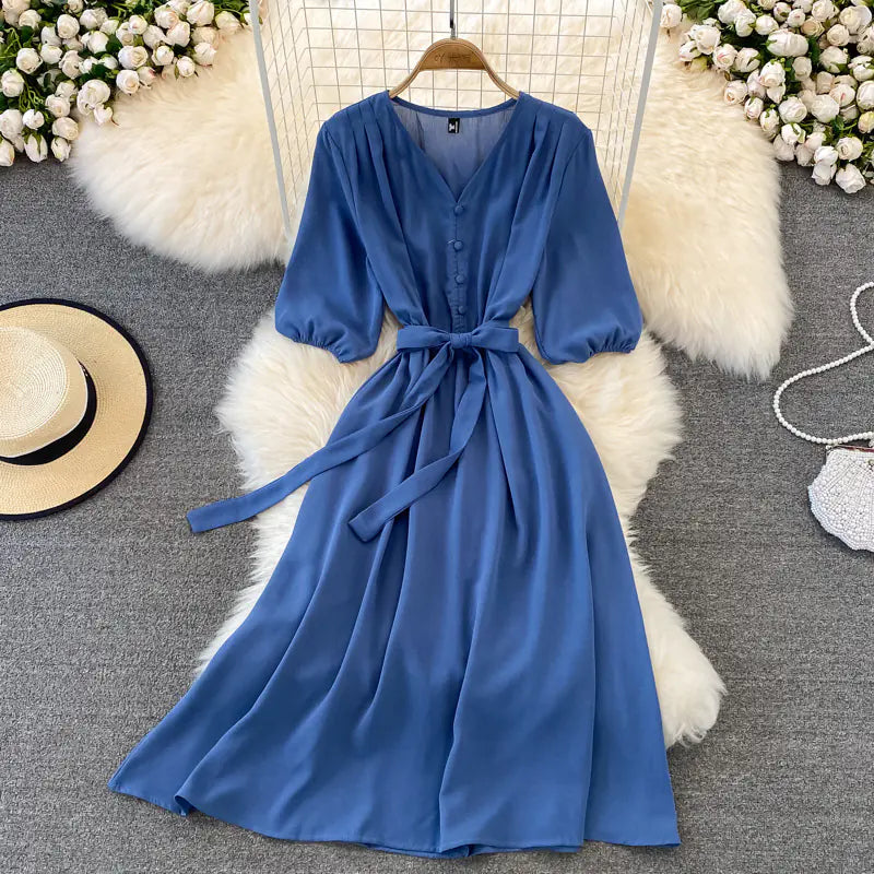 2022 Summer Vintage V-Neck Waist Tie Maxi Dress