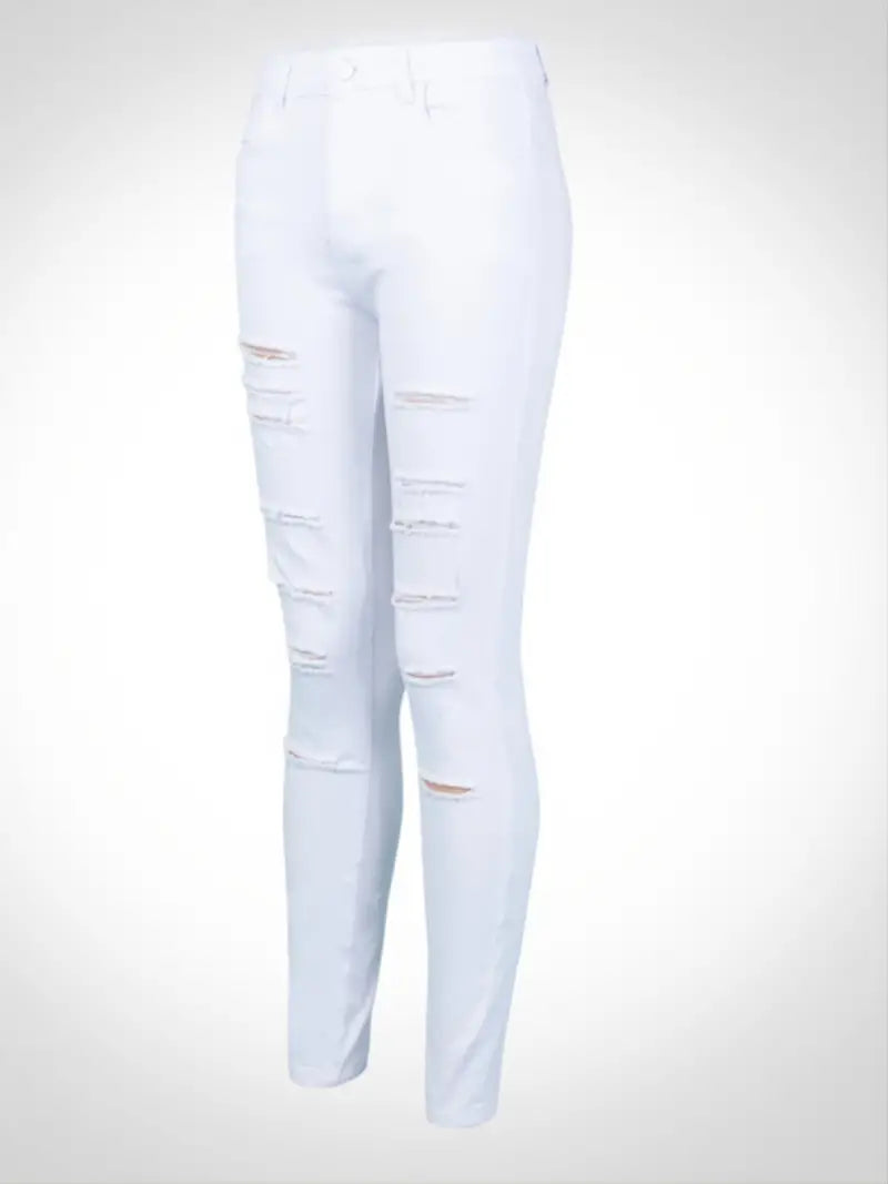 High Rise Ripped Cut Out White Cropped Skinny Jeans