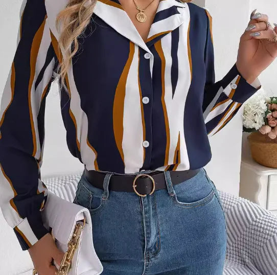 Printed V-Neck Long Sleeve Blouse (One Piece)
