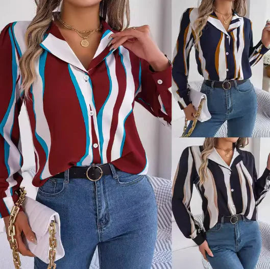 Printed V-Neck Long Sleeve Blouse (One Piece)