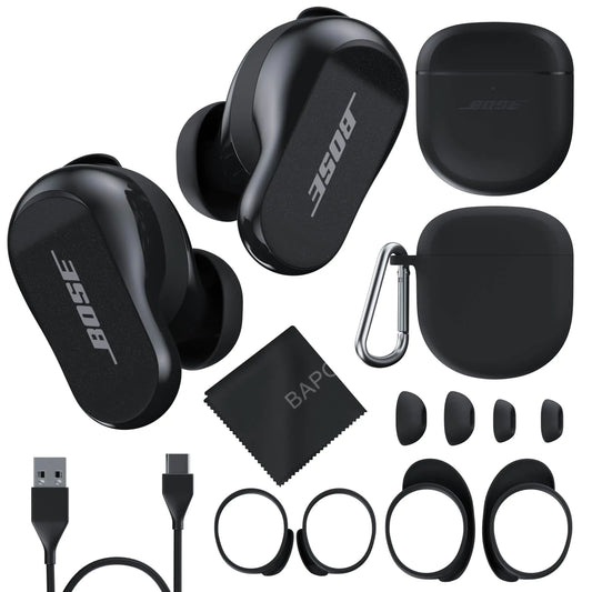 Bose QuietComfort Earbuds II Bundle with Protective Silicone Carrying Case and Cloth - Active Wireless Noise Cancelling in-Ear Bluetooth Headphones with Personalized Sound Bose Earbuds 2 (Black)