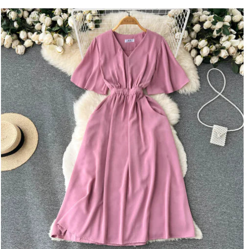 2022 Summer Vintage V-Neck Waist Tie Maxi Dress