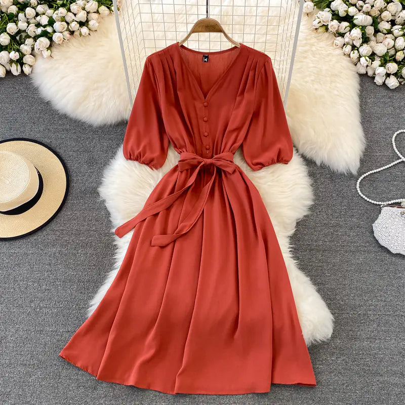2022 Summer Vintage V-Neck Waist Tie Maxi Dress