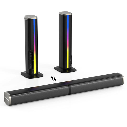 Wohome Sound Bars for TV with Built-in Subwoofer Colorful LED Light Bar Speakers 2.2ch 32 Inches Detachable Soundbar Bluetooth 5.3/ARC/Optical/AUX/USB Connection for Home Parties