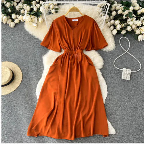 2022 Summer Vintage V-Neck Waist Tie Maxi Dress