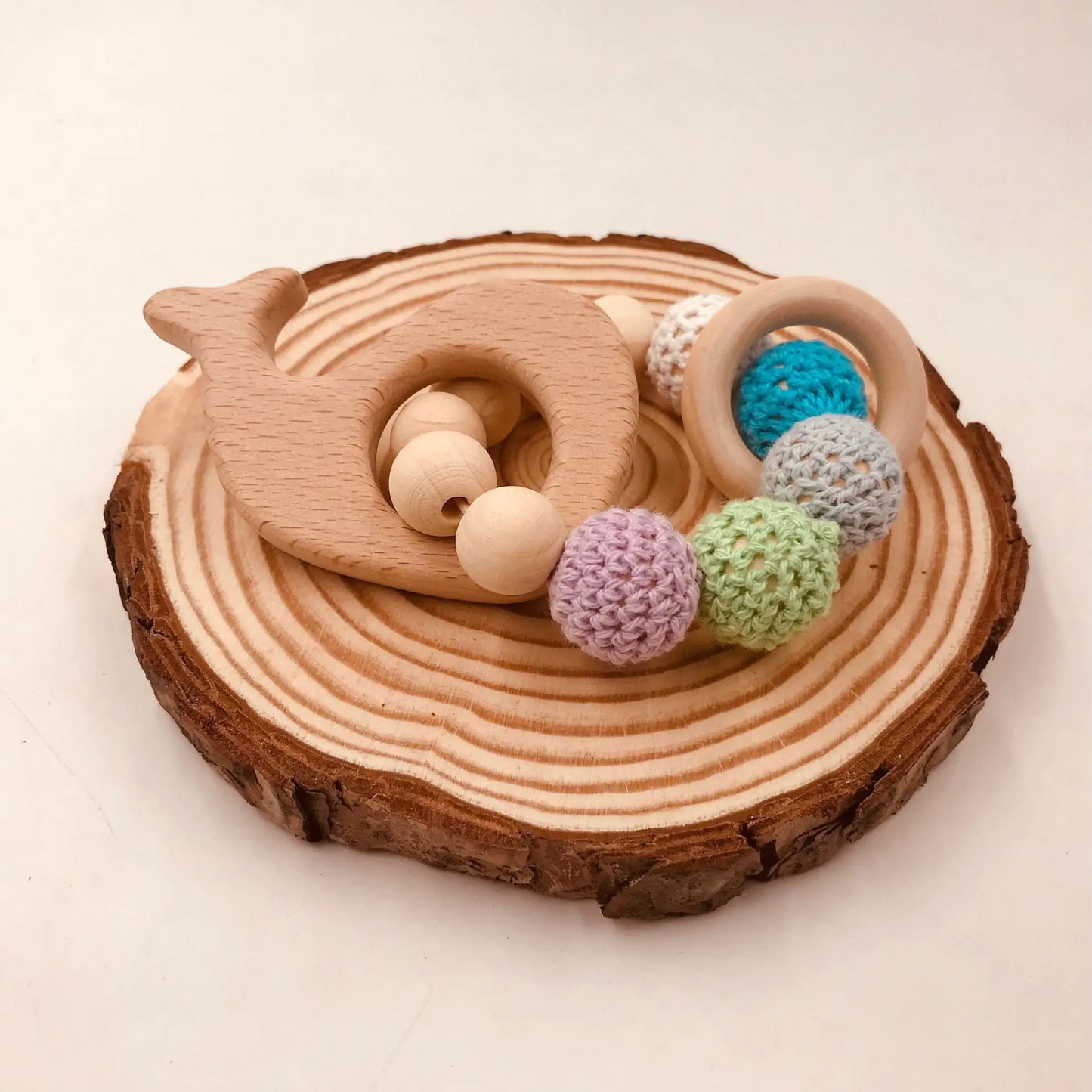 Handmade Crochet Baby Teething Toy with Beech Wood