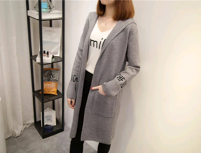 Women's Knit Cardigan with Hood and V-Neck Design