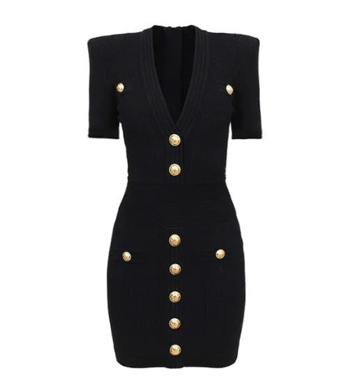 Gold Buttons Knit Dress - Short Sleeve V-Neck (One Piece)