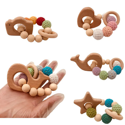 Handmade Crochet Baby Teething Toy with Beech Wood