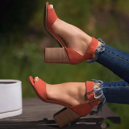 Plus Size Round Toe Buckle High Block Heel Sandals
