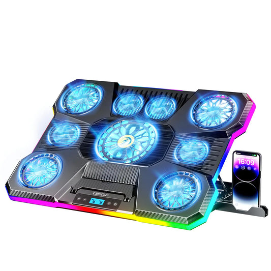 ChillCore Laptop Cooling Pad RGB Lights Laptop Cooler 9 Fans for 15.6-19.3 Inch Laptops Gaming Laptop Fan Cooling Pad with 8 Height Stands 2 USB Ports - A21 Blue