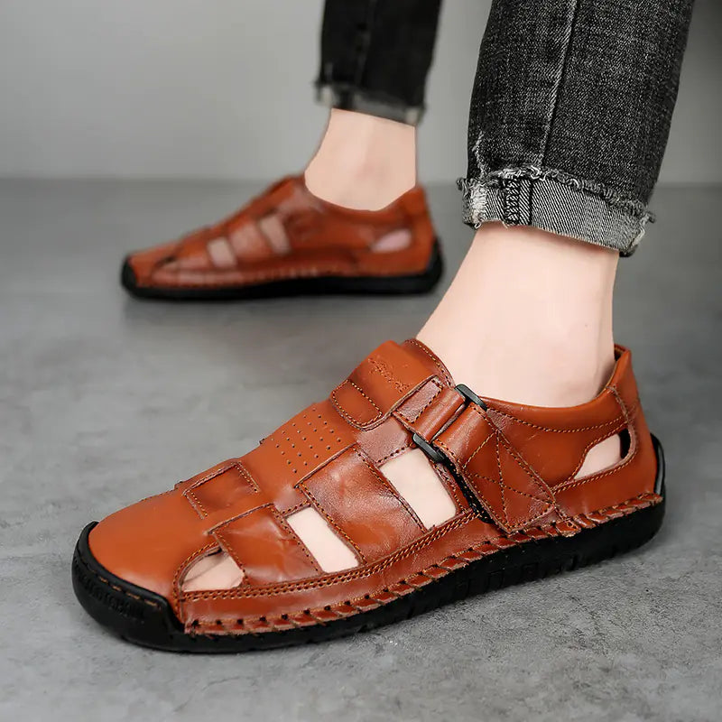 Men's Casual Leather Beach Sandals - Handmade, Plus Size