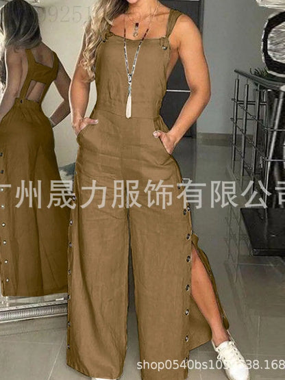 Women's Solid Color Sleeveless Wide Leg Jumpsuit