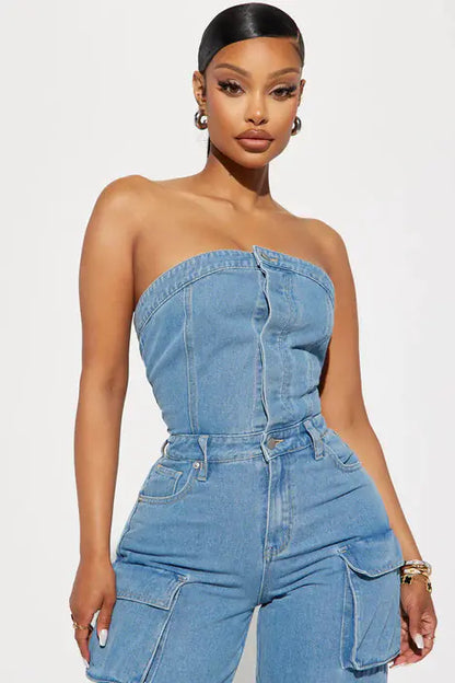 FF1287 Women's Sleeveless Solid Color Denim Jumpsuit