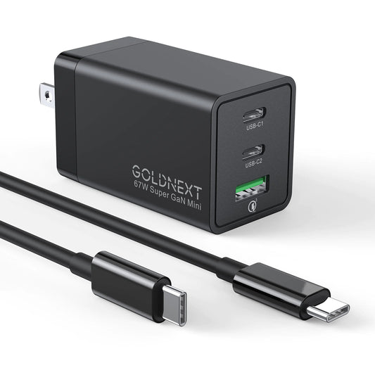 USB C Charger Block GOLDNEXT 67W 3-Port PD 3.0 GaN Fast Wall Charger PPS Foldable Power Adapter with Type C Cable for MacBook Pro/Air Dell XPS iPad iPhone 14 Galaxy S23 Pixel Steam DeckLaptop