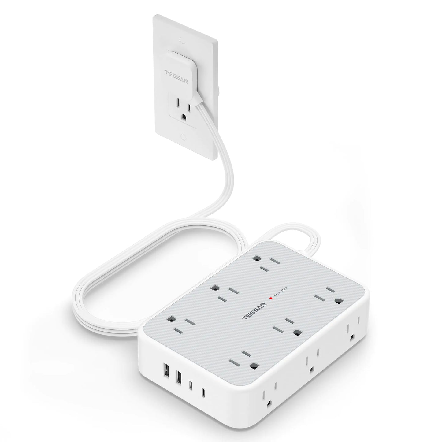 TESSAN Extension Cord 10 ft Surge Protector Power Strip 12 Outlet Extender with 4 USB (2 USB C) 1800 Joules Protection Flat Plug Flat Extension Cord with Multiple Outlets for Home Office Dorm