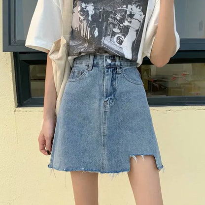 Frayed Hem Denim Midi Skirt - Versatile A-Line Design