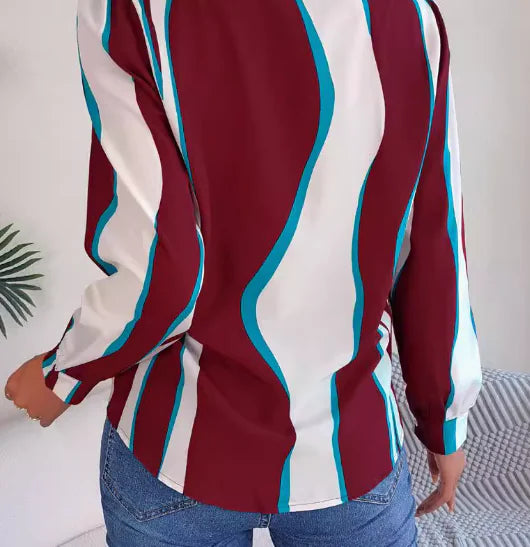 Printed V-Neck Long Sleeve Blouse (One Piece)