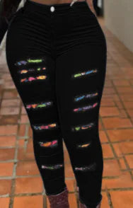 High-Rise Colorful Patchwork Distressed Skinny Jeans