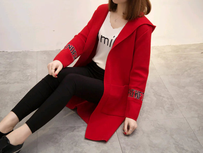 Women's Knit Cardigan with Hood and V-Neck Design