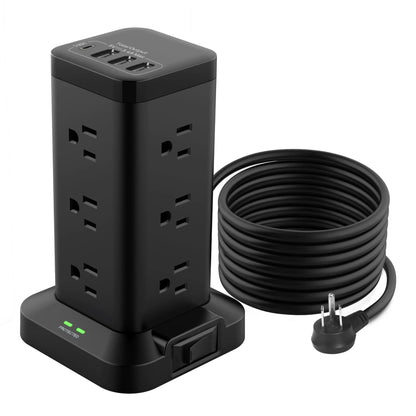 BEVA Power Strip Tower with USB Ports 6.5 FT Surge Protector Power Tower 12 AC and 4 USB Ports 6.5 FT Extension Cord with Multiple Outlets Office Supplies Office Organization (Black 6.5 FT)